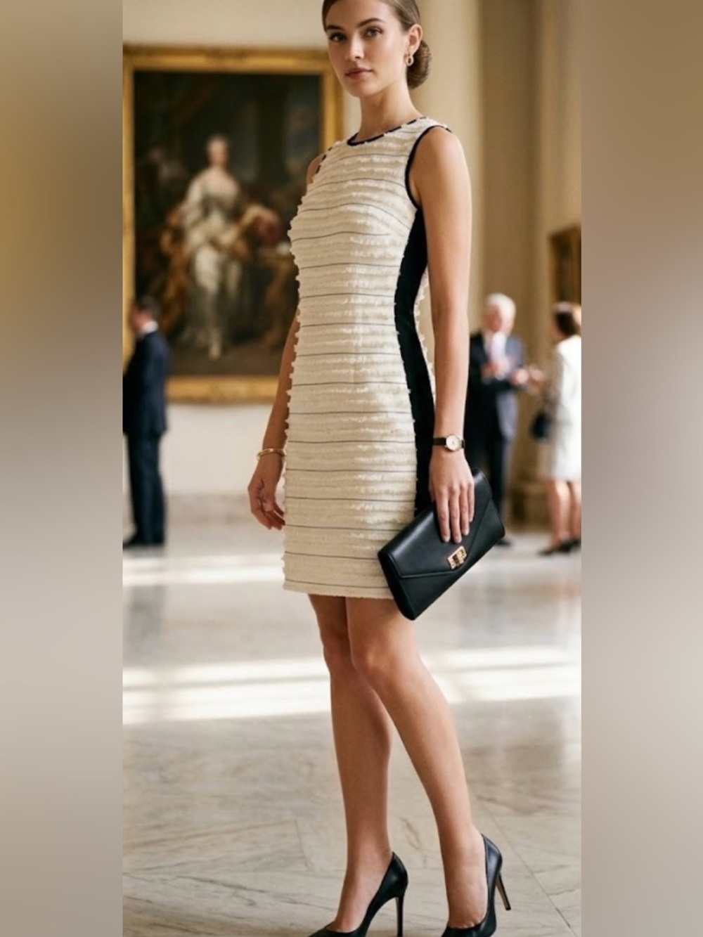 Vince Camuto Cream Textured Sleeveless Mini with Black Side Panels